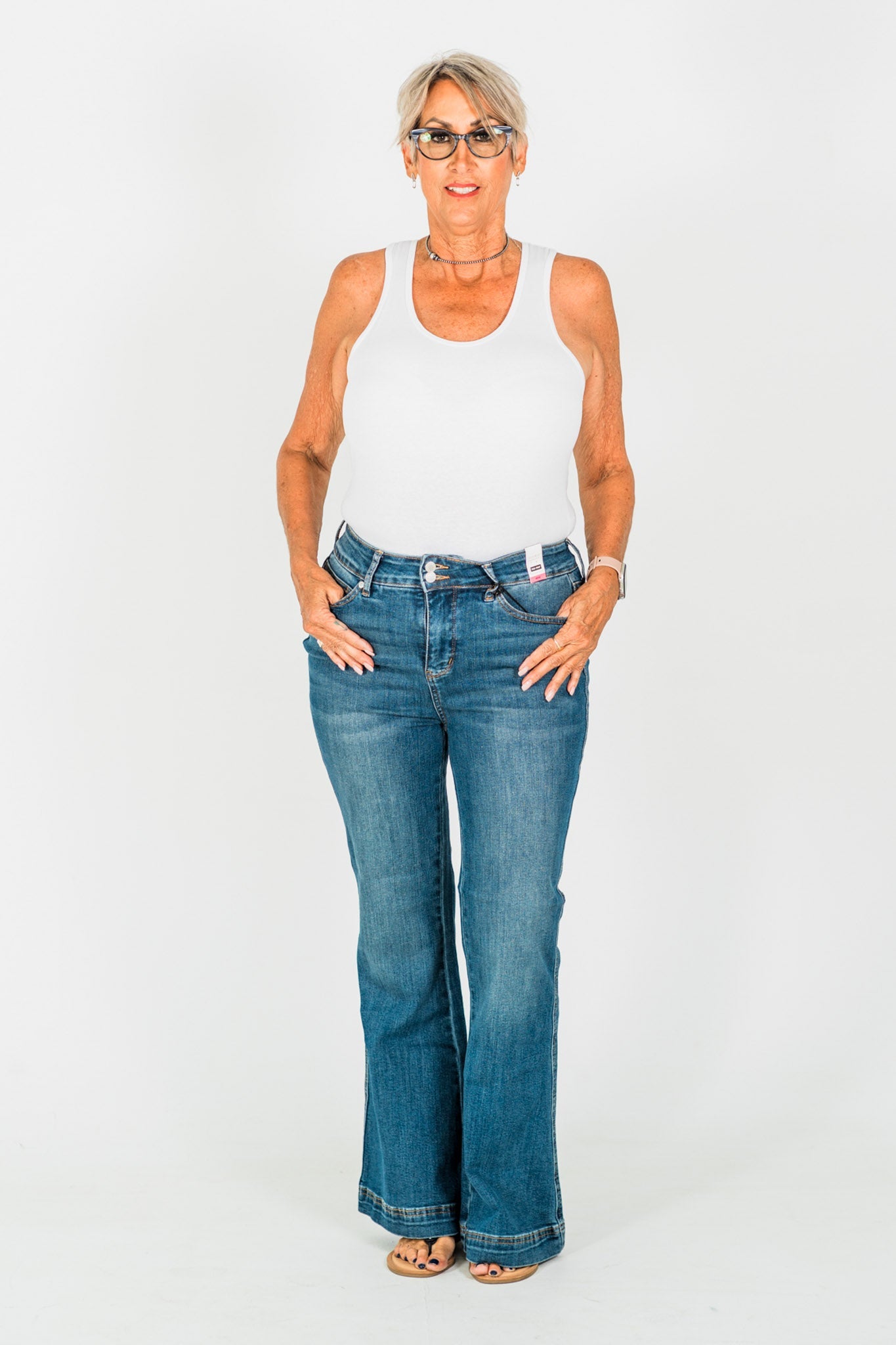Judy Blue Petite High - Waist Tummy Control Flare Double Button Jeans - Whiskey Skies - JUDY BLUE