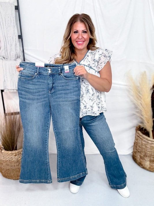 Judy Blue Petite High - Waist Tummy Control Flare Double Button Jeans - Whiskey Skies - JUDY BLUE