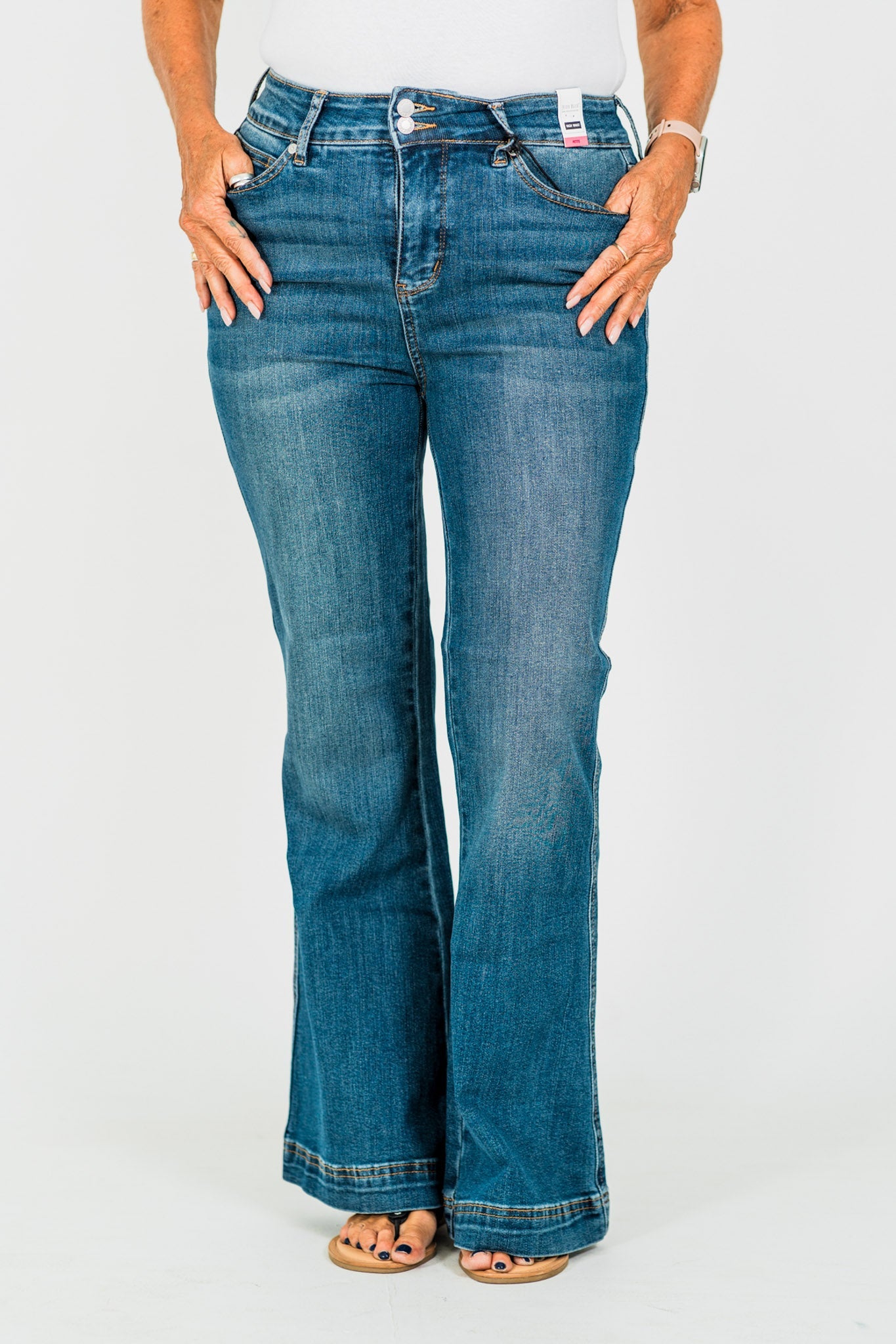 Judy Blue Petite High - Waist Tummy Control Flare Double Button Jeans - Whiskey Skies - JUDY BLUE