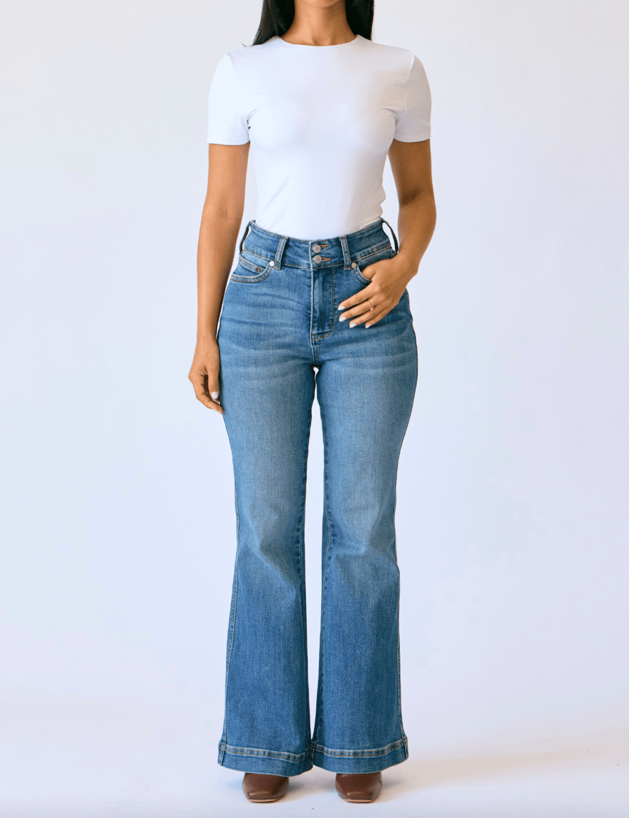 Judy Blue Petite High - Waist Tummy Control Flare Double Button Jeans - Whiskey Skies - JUDY BLUE