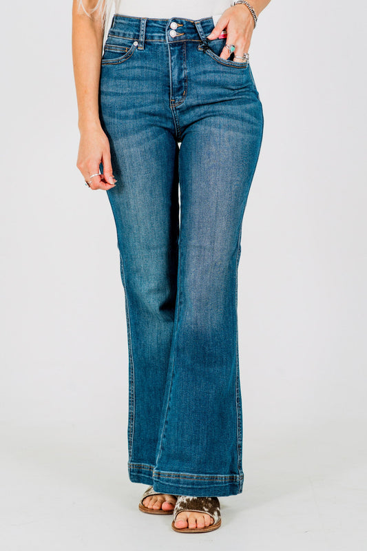 Judy Blue Petite High - Waist Tummy Control Flare Double Button Jeans - Whiskey Skies - JUDY BLUE