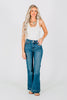 Judy Blue Petite High - Waist Tummy Control Flare Double Button Jeans - Whiskey Skies - JUDY BLUE