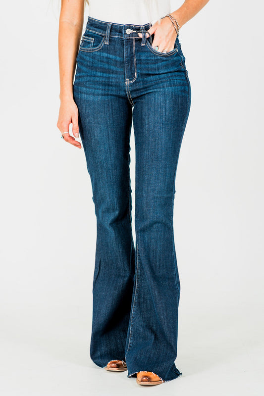 Judy Blue Raw Hem Flare Jeans - Whiskey Skies - JUDY BLUE