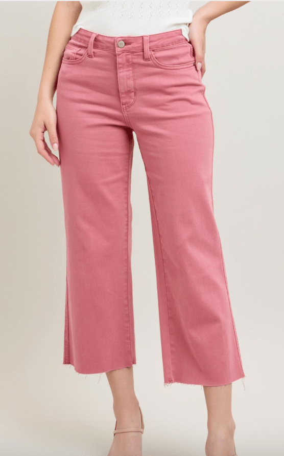 Judy Blue Rose Pink Wide Leg Cropped Jeans - Whiskey Skies - JUDY BLUE