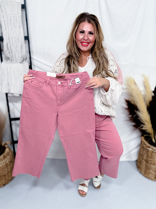 Judy Blue Rose Pink Wide Leg Cropped Jeans - Whiskey Skies - JUDY BLUE