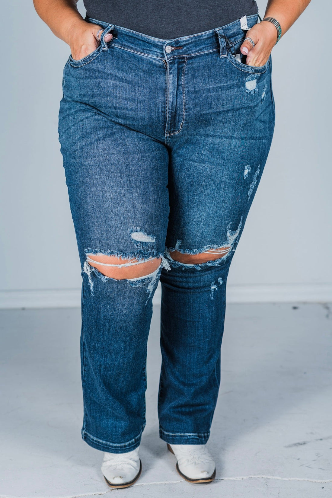 Judy Blue Sanded & Destroyed Bootcut Jeans - Whiskey Skies - JUDY BLUE