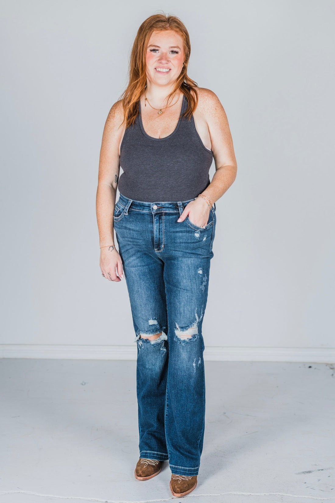 Judy Blue Sanded & Destroyed Bootcut Jeans - Whiskey Skies - JUDY BLUE