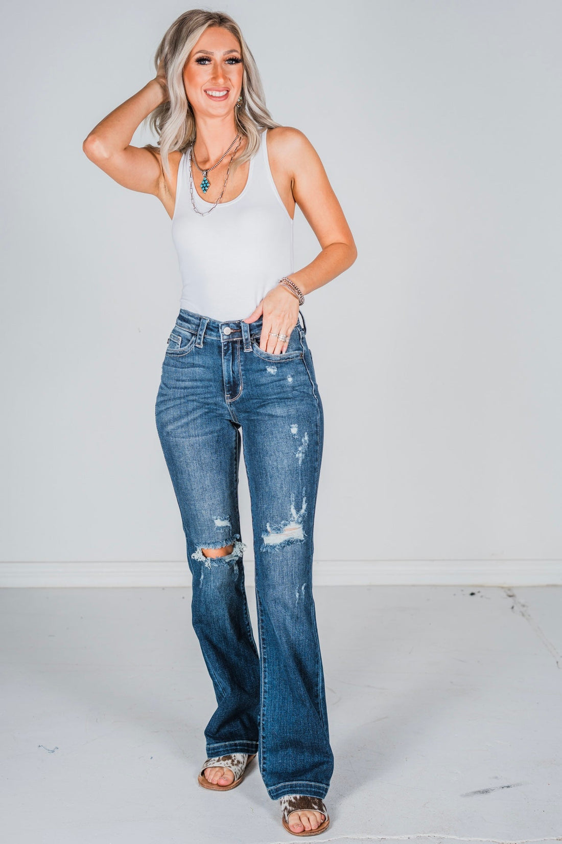 Judy Blue Sanded & Destroyed Bootcut Jeans - Whiskey Skies - JUDY BLUE