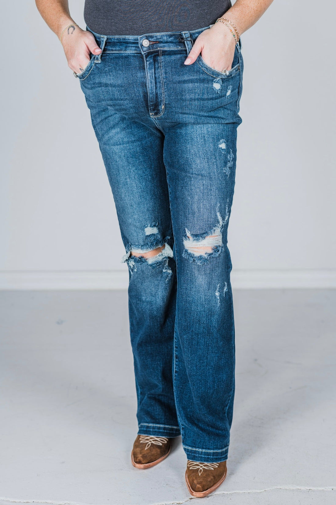 Judy Blue Sanded & Destroyed Bootcut Jeans - Whiskey Skies - JUDY BLUE