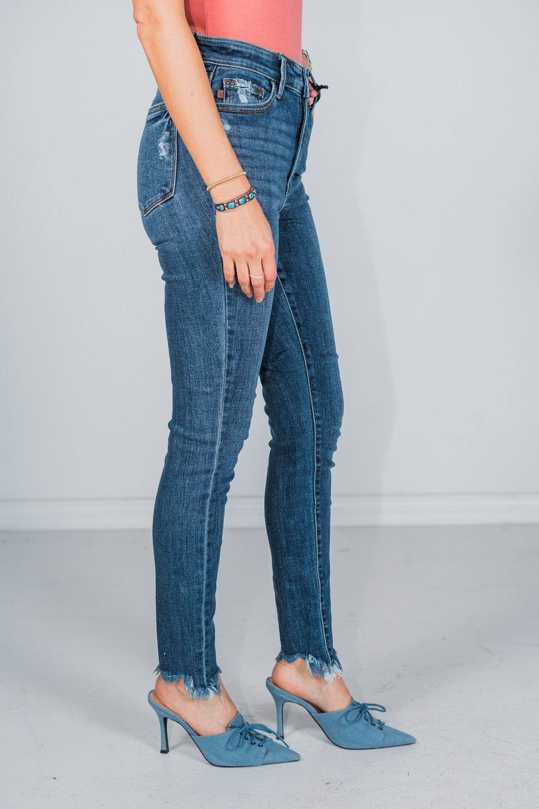 Judy Blue Shark Bite Hem High Waist Skinny Jeans - Whiskey Skies - JUDY BLUE