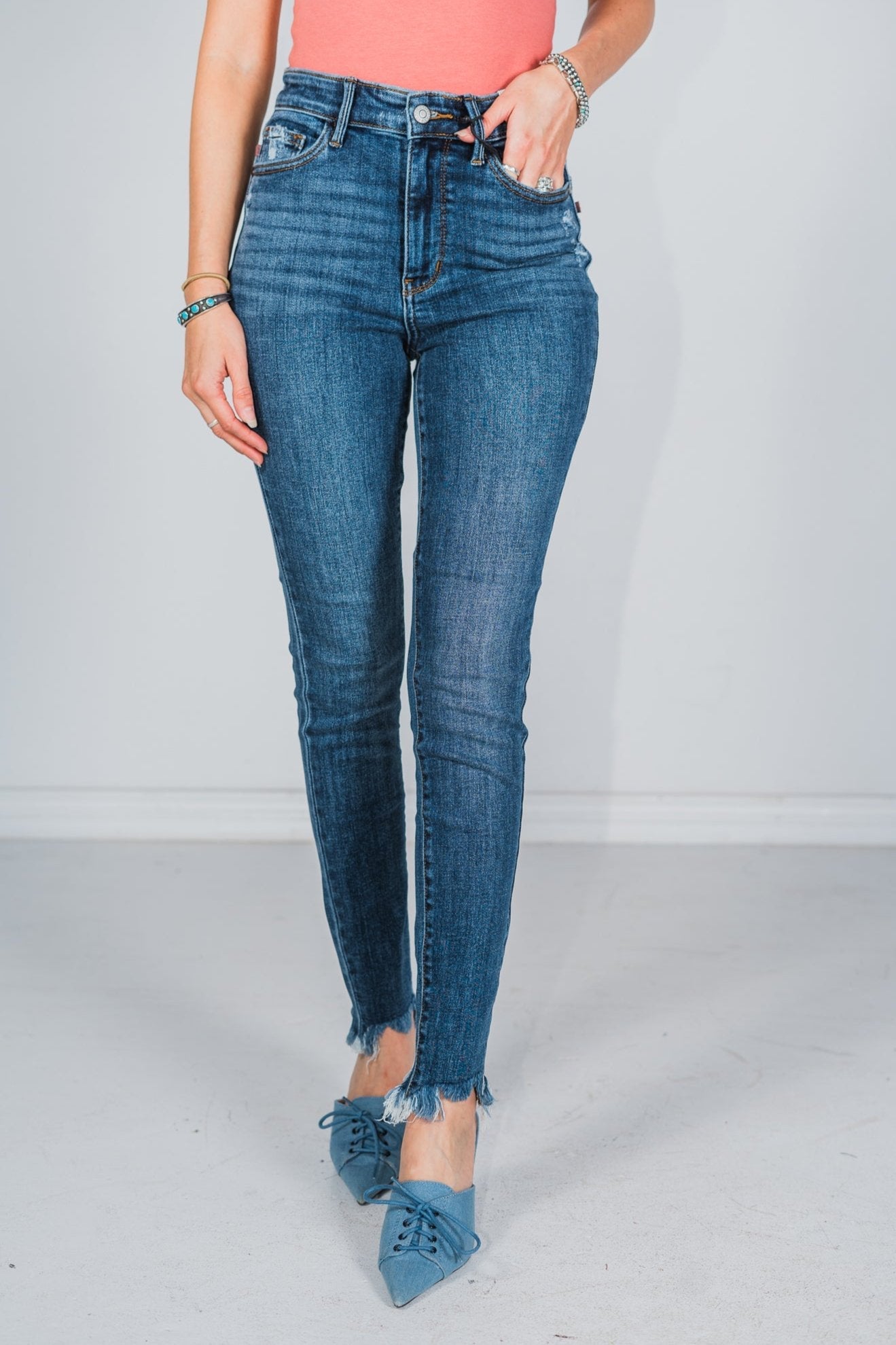 Judy Blue Shark Bite Hem High Waist Skinny Jeans - Whiskey Skies - JUDY BLUE