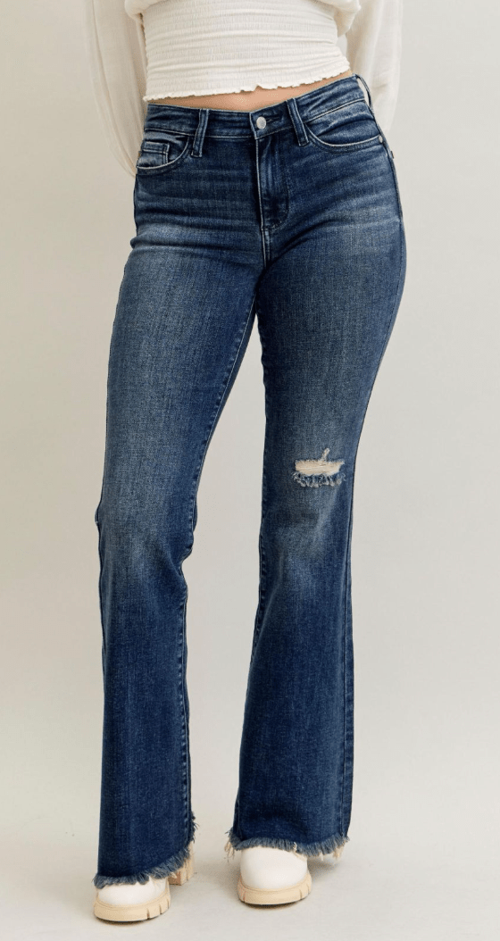 Judy Blue Tall Inseam Mid Rise Flare Jeans With Frayed Hems - Whiskey Skies - JUDY BLUE