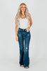 Judy Blue Tall Inseam Mid Rise Flare Jeans With Frayed Hems - Whiskey Skies - JUDY BLUE