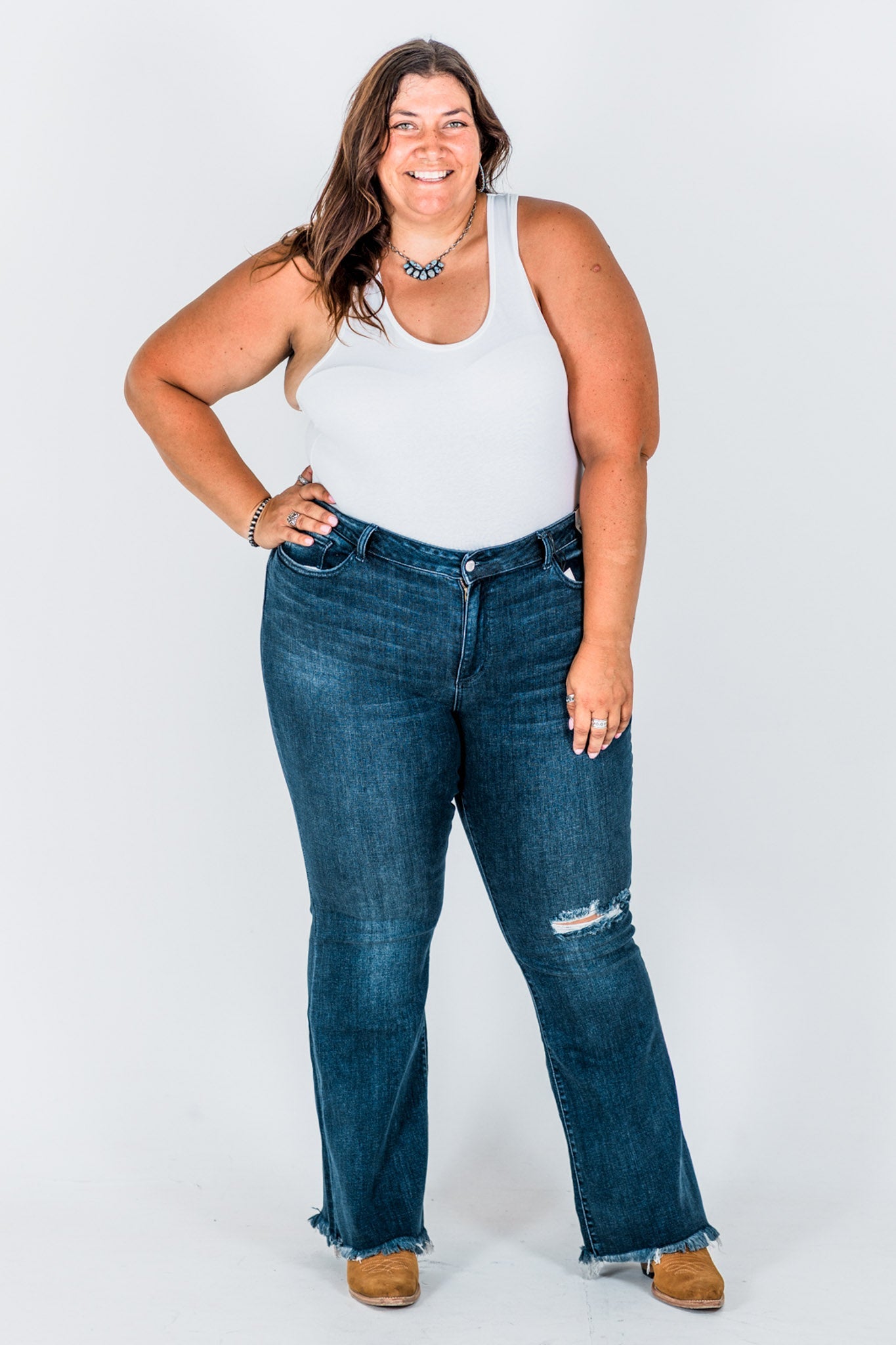 Judy Blue Tall Inseam Mid Rise Flare Jeans With Frayed Hems - Whiskey Skies - JUDY BLUE