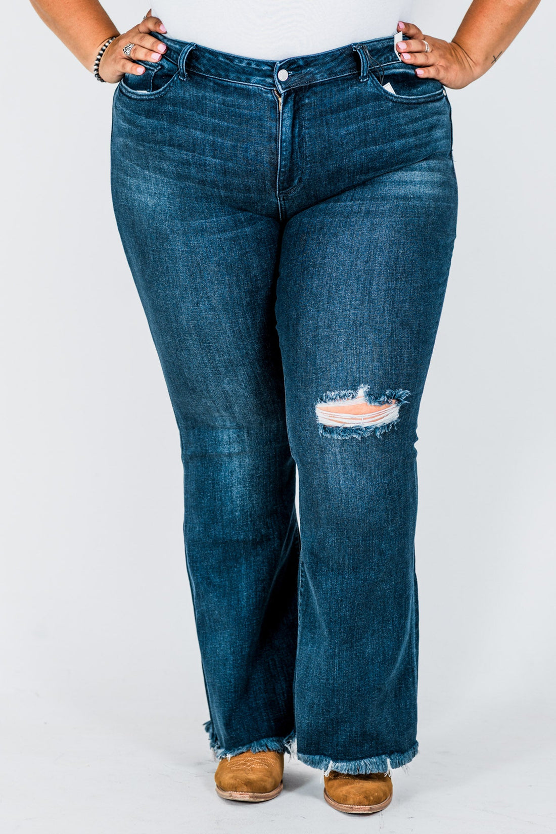 Judy Blue Tall Inseam Mid Rise Flare Jeans With Frayed Hems - Whiskey Skies - JUDY BLUE