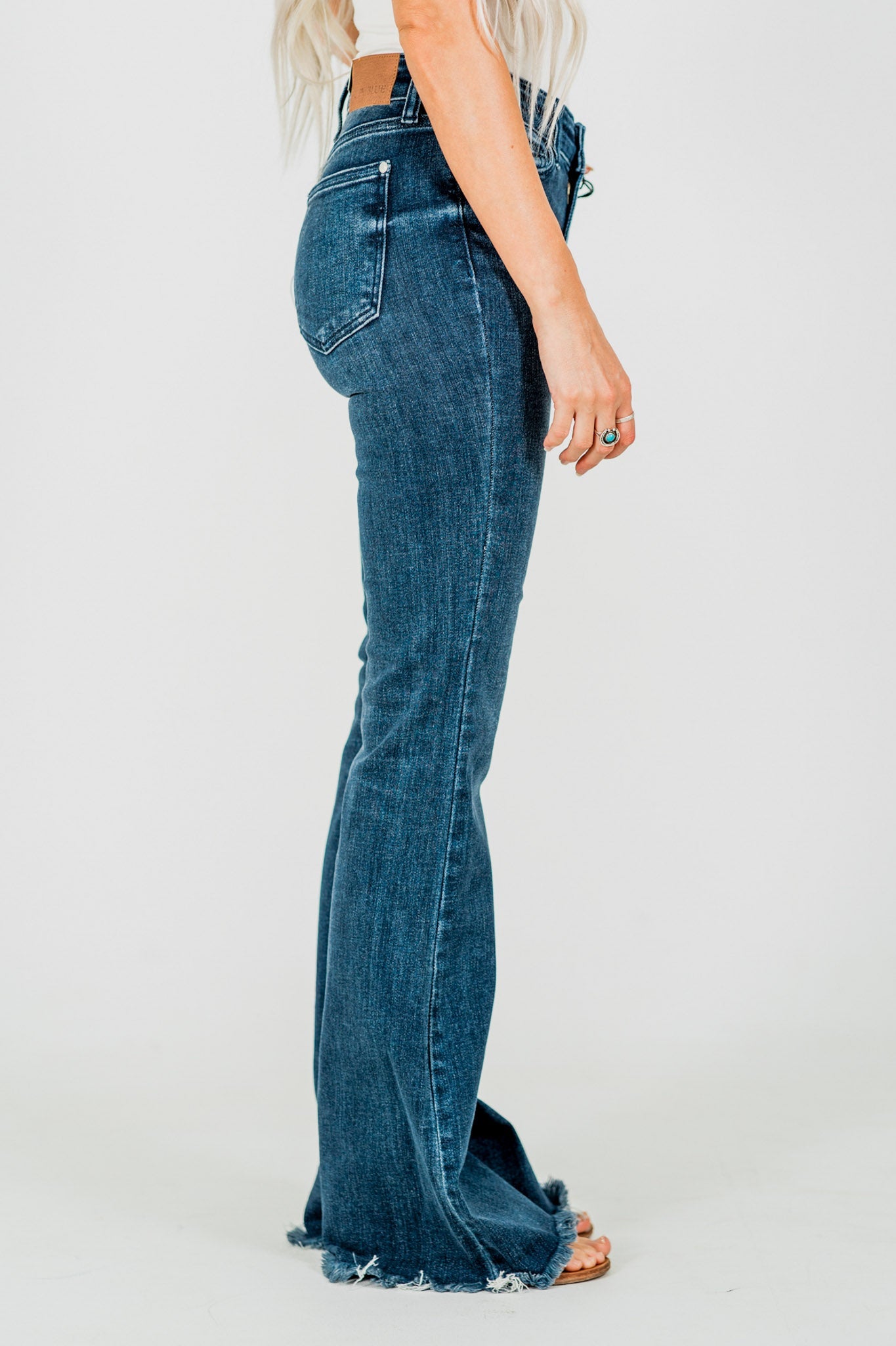 Judy Blue Tall Inseam Mid Rise Flare Jeans With Frayed Hems - Whiskey Skies - JUDY BLUE