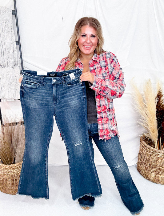 Judy Blue Tall Inseam Mid Rise Flare Jeans With Frayed Hems - Whiskey Skies - JUDY BLUE