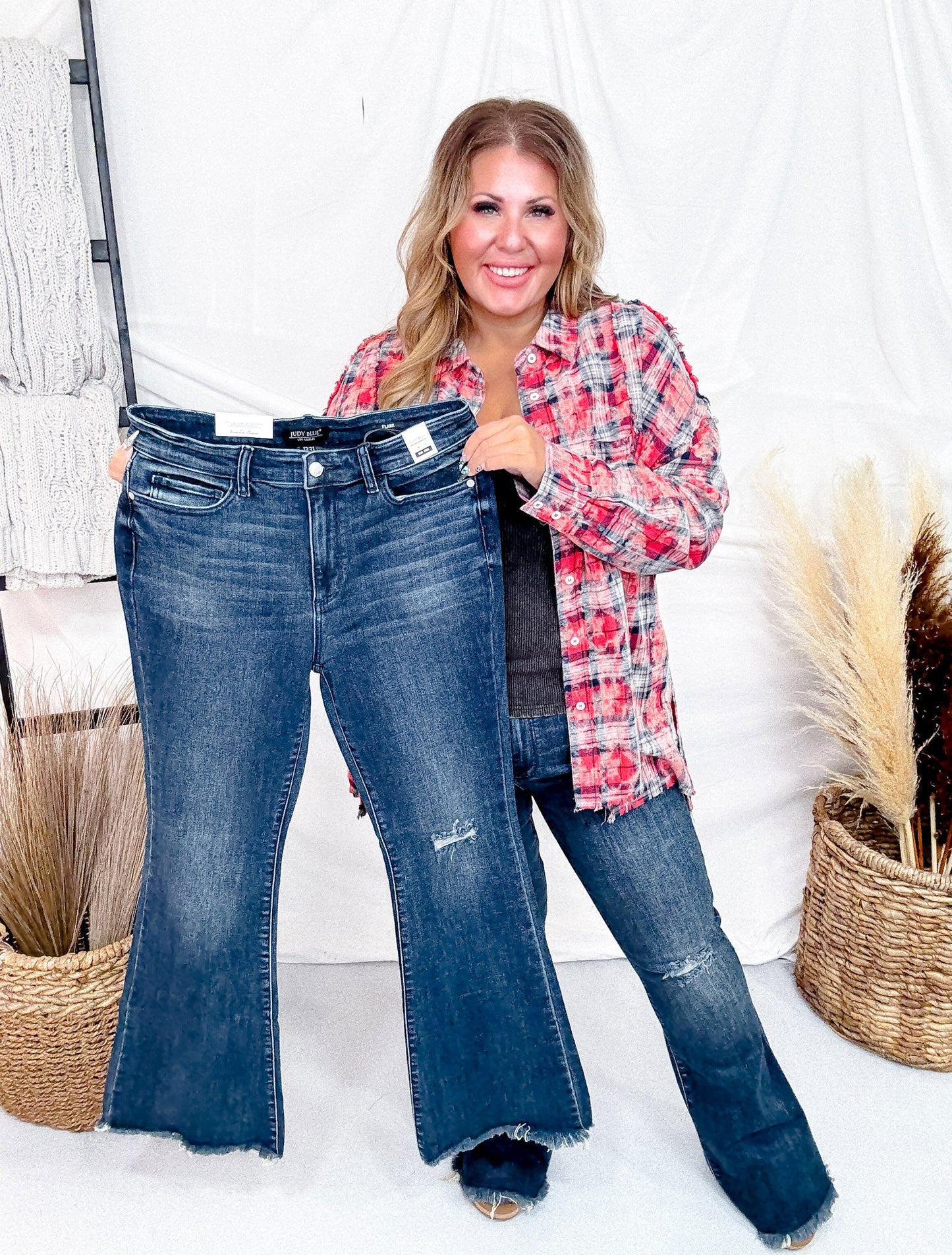 Judy Blue Tall Inseam Mid Rise Flare Jeans With Frayed Hems - Whiskey Skies - JUDY BLUE