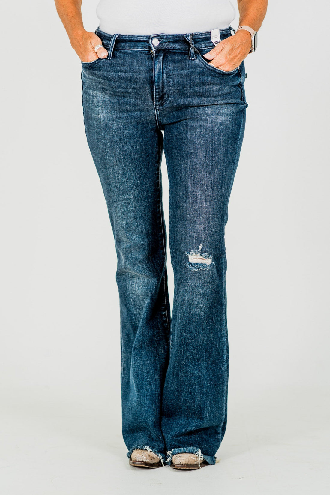 Judy Blue Tall Inseam Mid Rise Flare Jeans With Frayed Hems - Whiskey Skies - JUDY BLUE