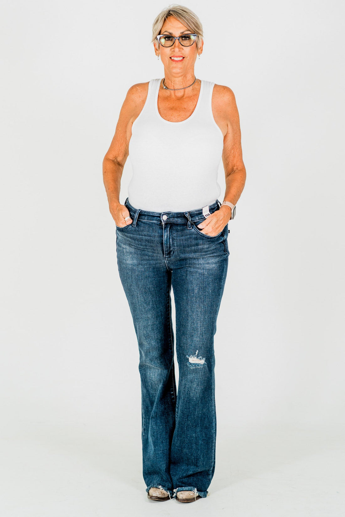 Judy Blue Tall Inseam Mid Rise Flare Jeans With Frayed Hems - Whiskey Skies - JUDY BLUE