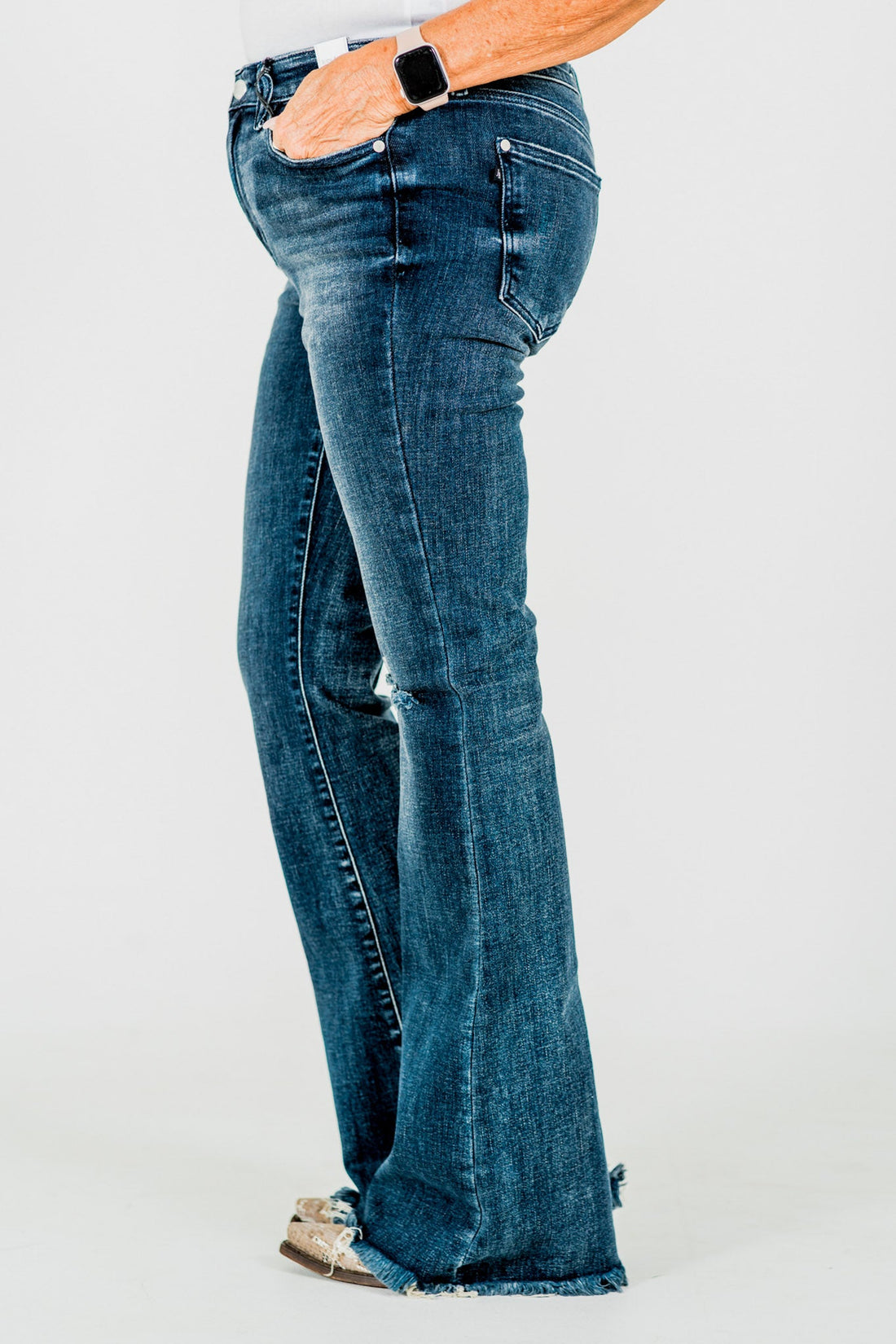 Judy Blue Tall Inseam Mid Rise Flare Jeans With Frayed Hems - Whiskey Skies - JUDY BLUE