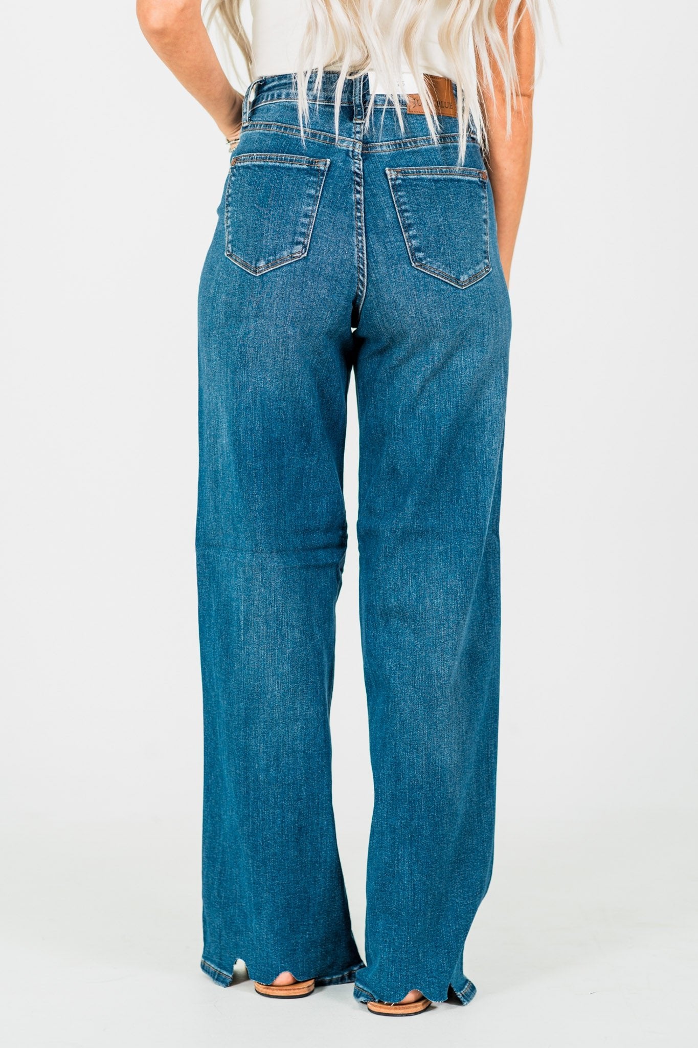 Judy Blue Tummy Control Chewed Hem Wide Leg Jeans - Whiskey Skies - JUDY BLUE