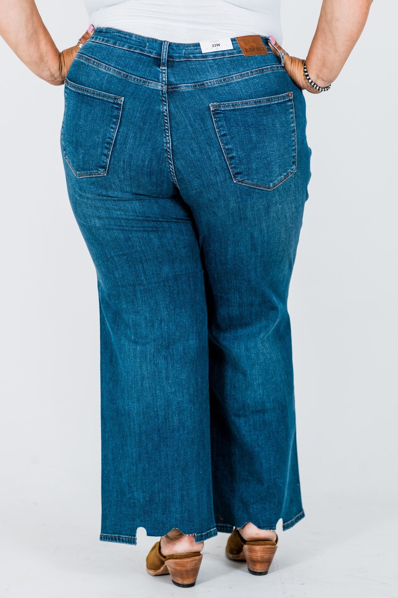 Judy Blue Tummy Control Chewed Hem Wide Leg Jeans - Whiskey Skies - JUDY BLUE