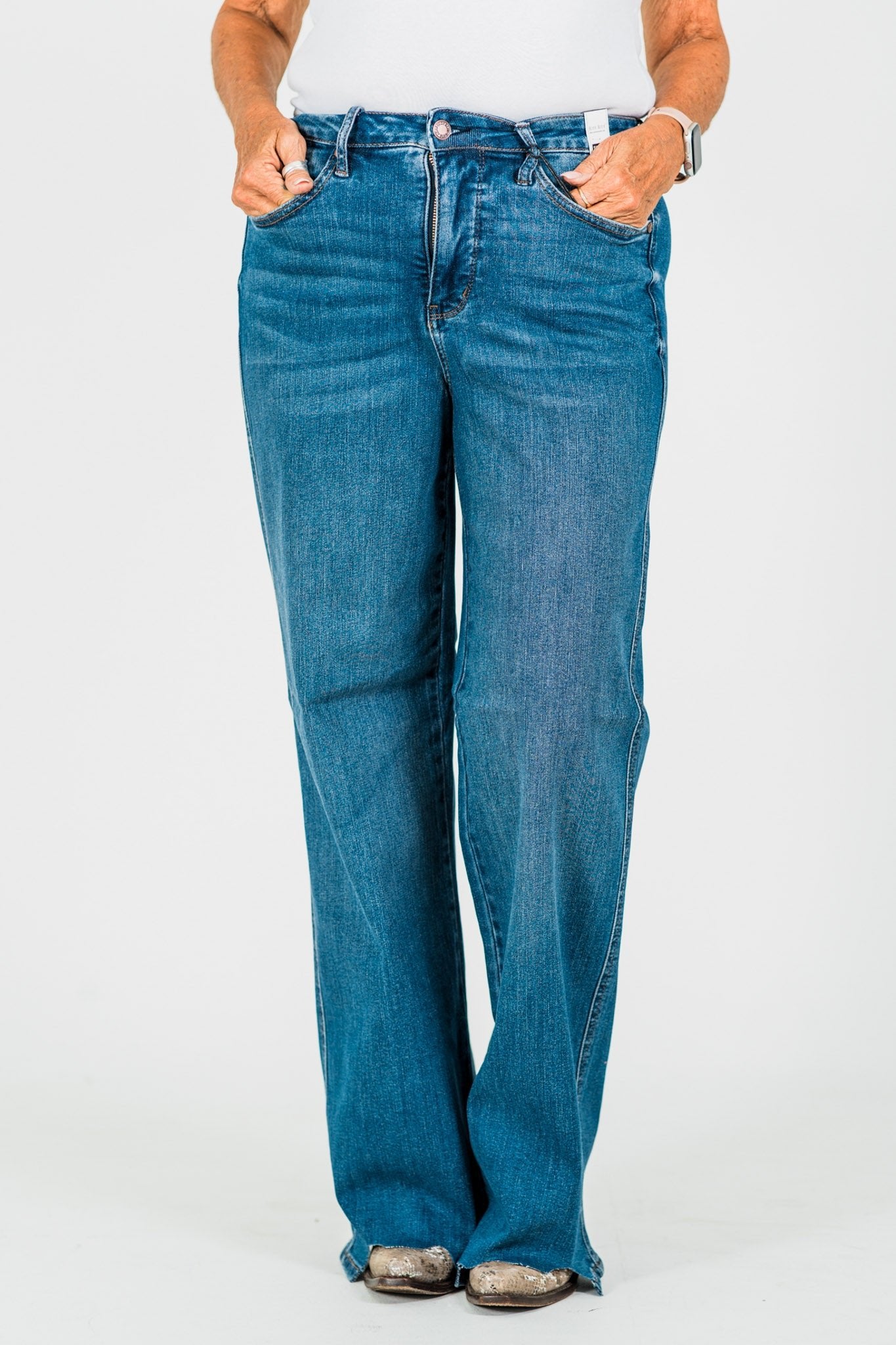 Judy Blue Tummy Control Chewed Hem Wide Leg Jeans - Whiskey Skies - JUDY BLUE
