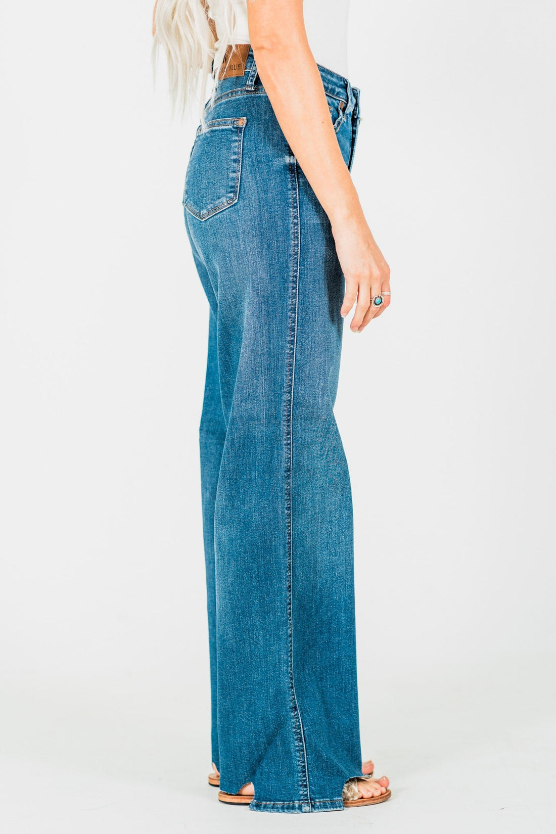 Judy Blue Tummy Control Chewed Hem Wide Leg Jeans - Whiskey Skies - JUDY BLUE