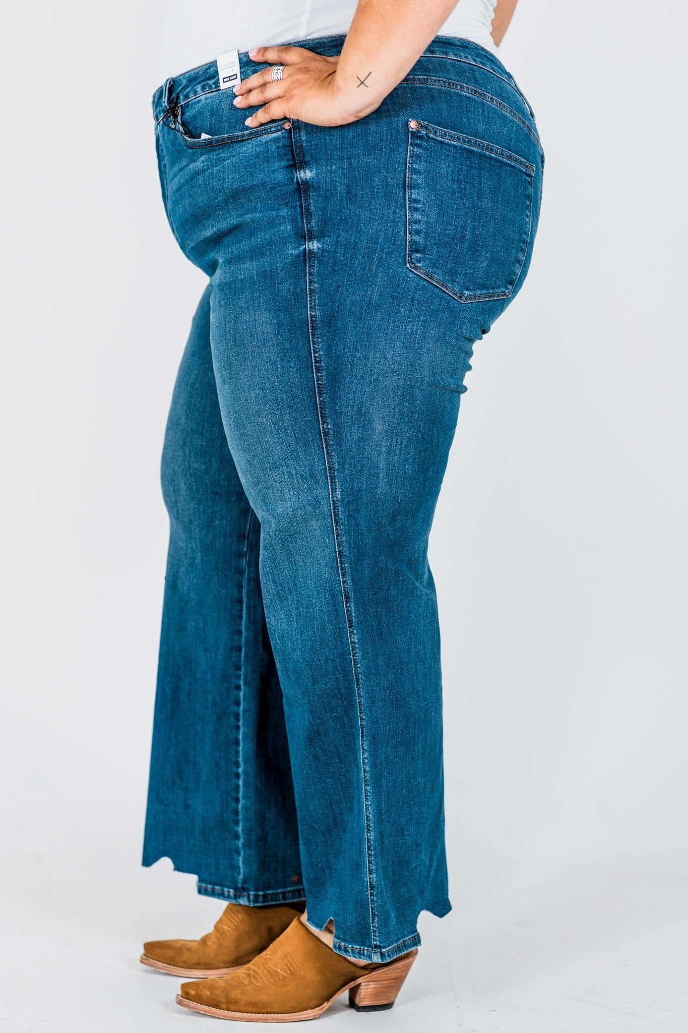 Judy Blue Tummy Control Chewed Hem Wide Leg Jeans - Whiskey Skies - JUDY BLUE
