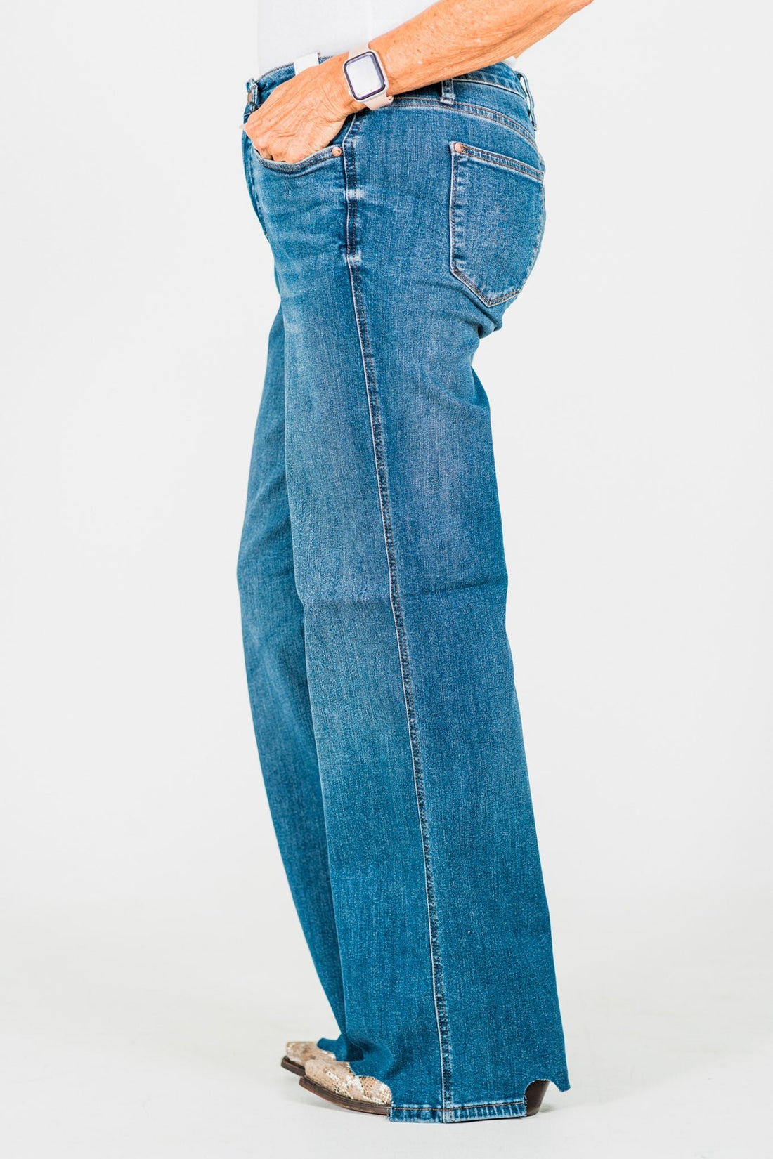 Judy Blue Tummy Control Chewed Hem Wide Leg Jeans - Whiskey Skies - JUDY BLUE