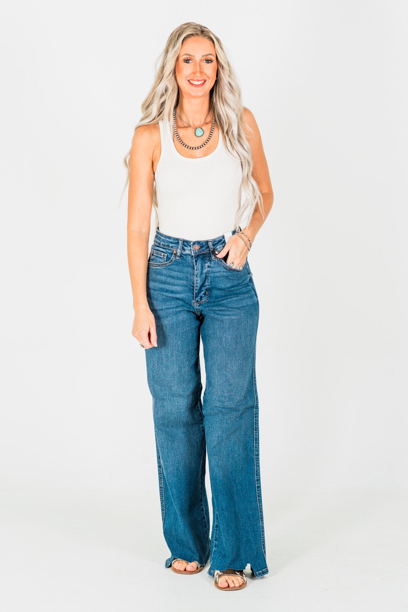 Judy Blue Tummy Control Chewed Hem Wide Leg Jeans - Whiskey Skies - JUDY BLUE