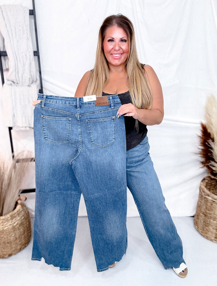 Judy Blue Full Size High Waist Tummy Control Chew Hem Destroy Wide Jeans Plus Size main image 0