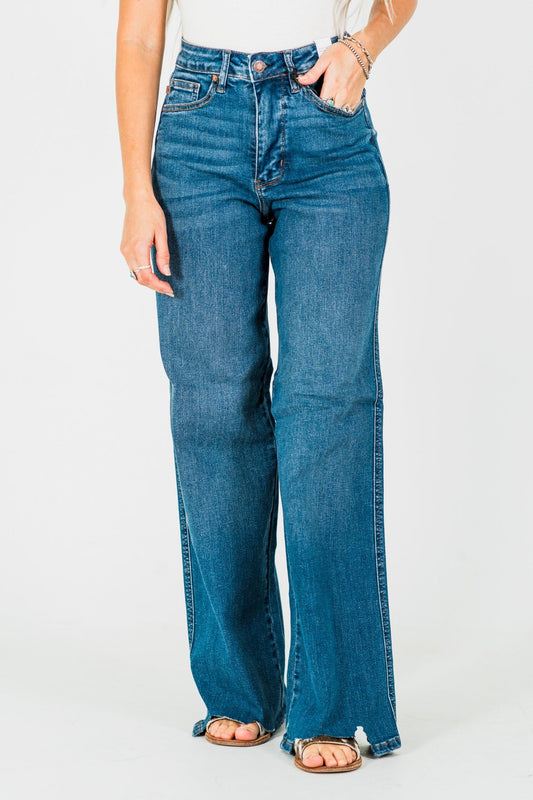 Judy Blue Tummy Control Chewed Hem Wide Leg Jeans - Whiskey Skies - JUDY BLUE