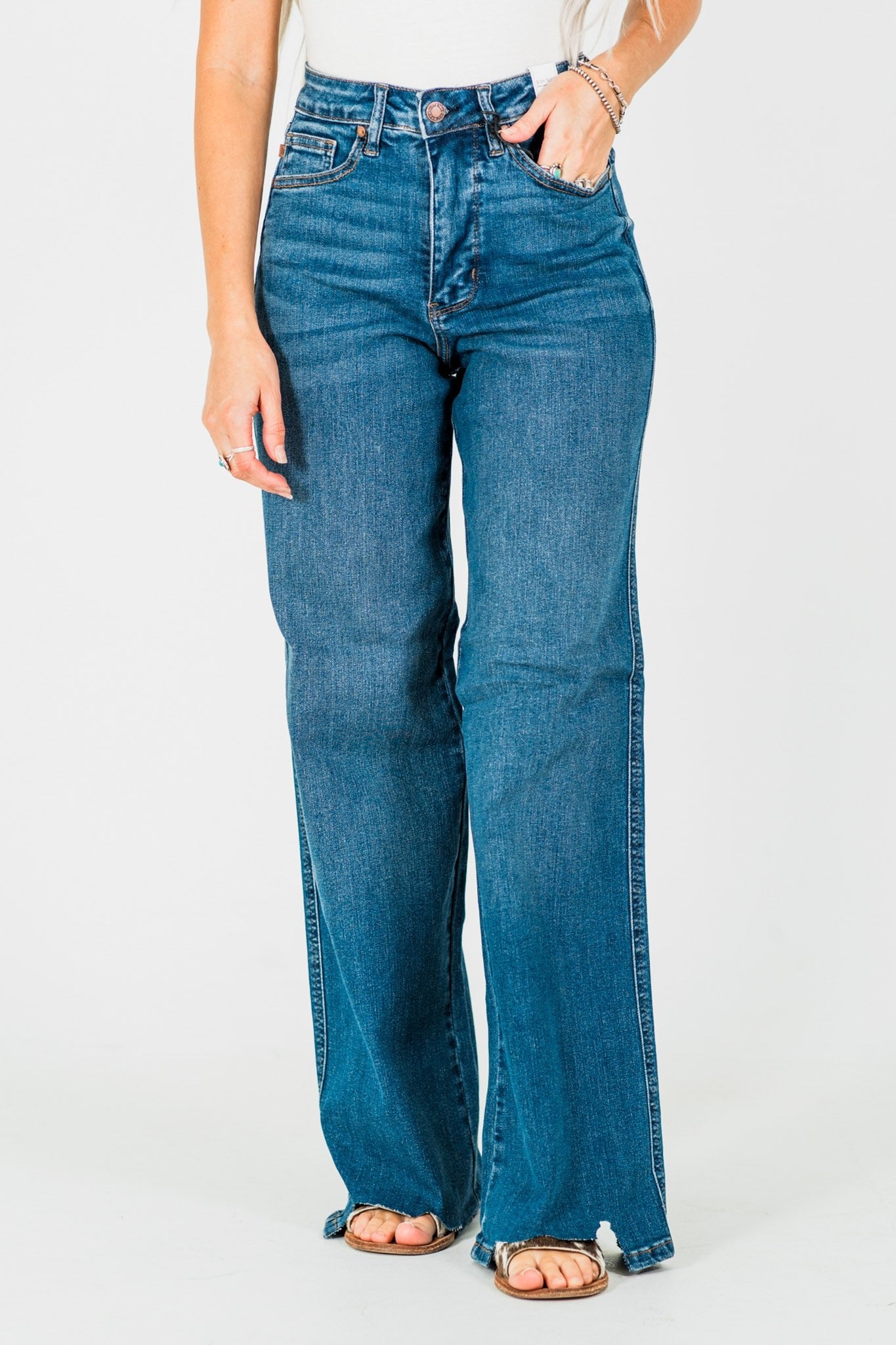 Judy Blue Tummy Control Chewed Hem Wide Leg Jeans - Whiskey Skies - JUDY BLUE