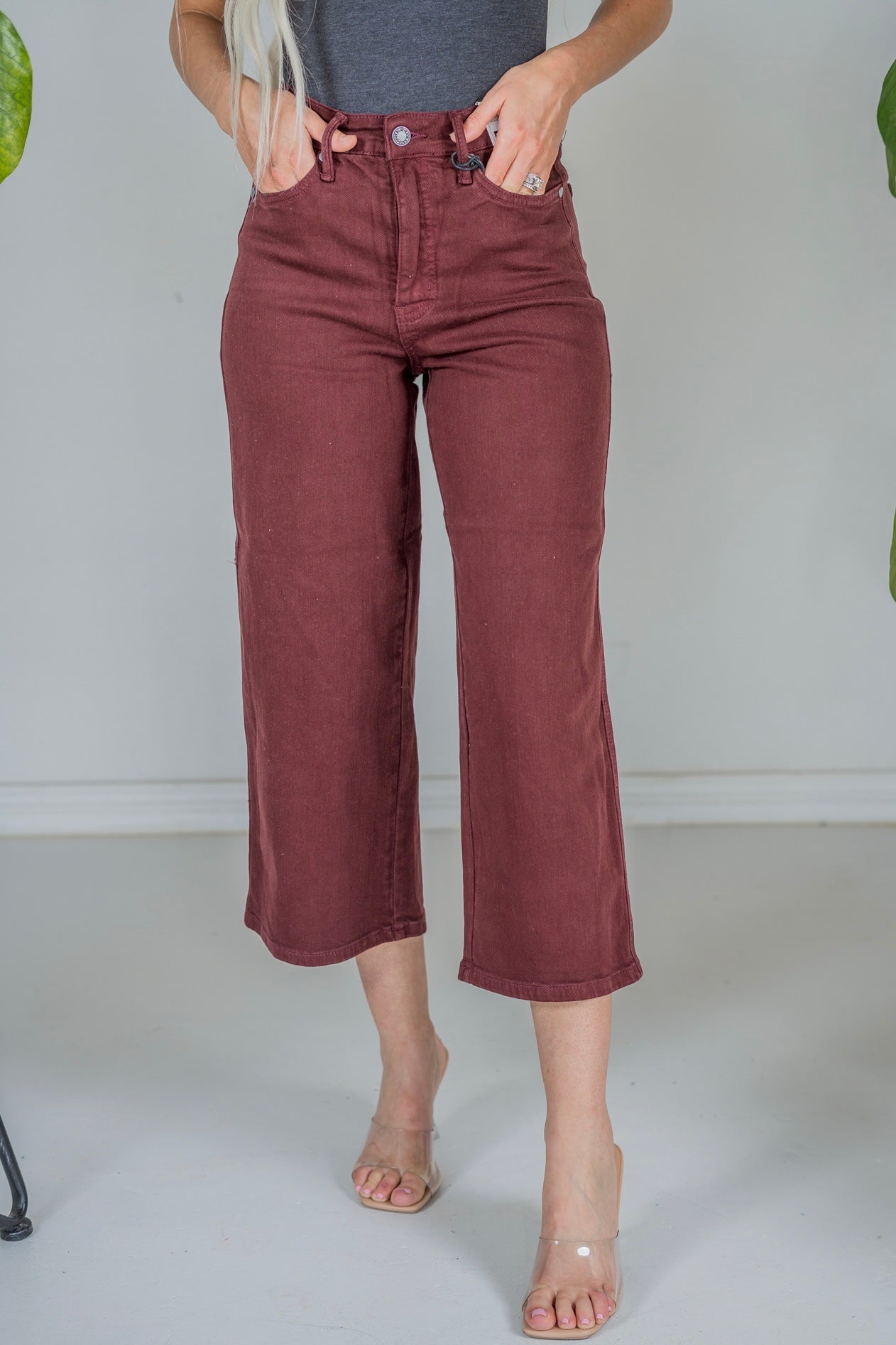 Judy Blue Tummy Control Cropped Wide Leg Jeans Oxblood - Whiskey Skies - JUDY BLUE