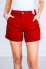 Judy Blue Tummy Control High Waisted Scarlet Shorts with Heart Shaped Pockets - Whiskey Skies - JUDY BLUE