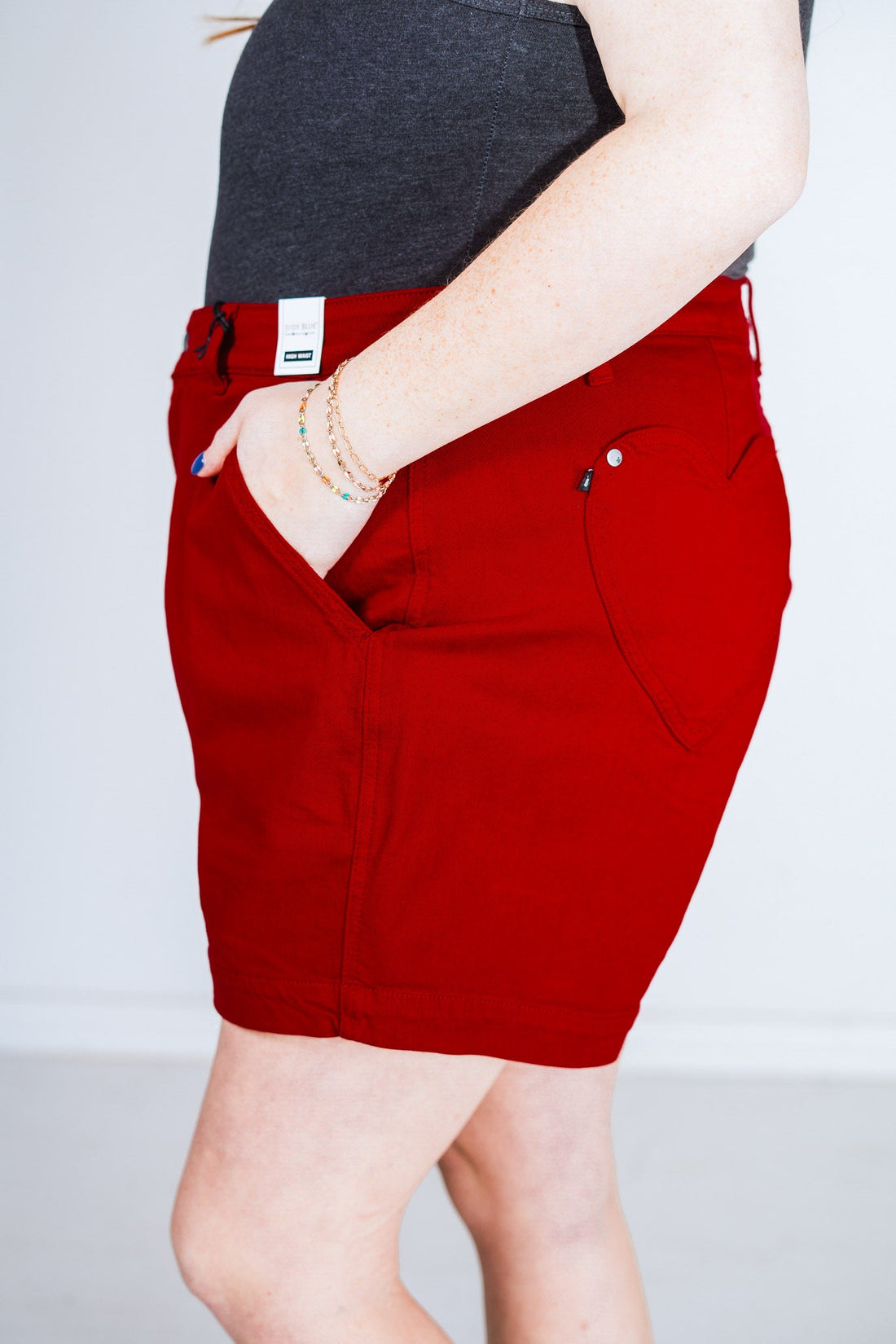 Judy Blue Tummy Control High Waisted Scarlet Shorts with Heart Shaped Pockets - Whiskey Skies - JUDY BLUE