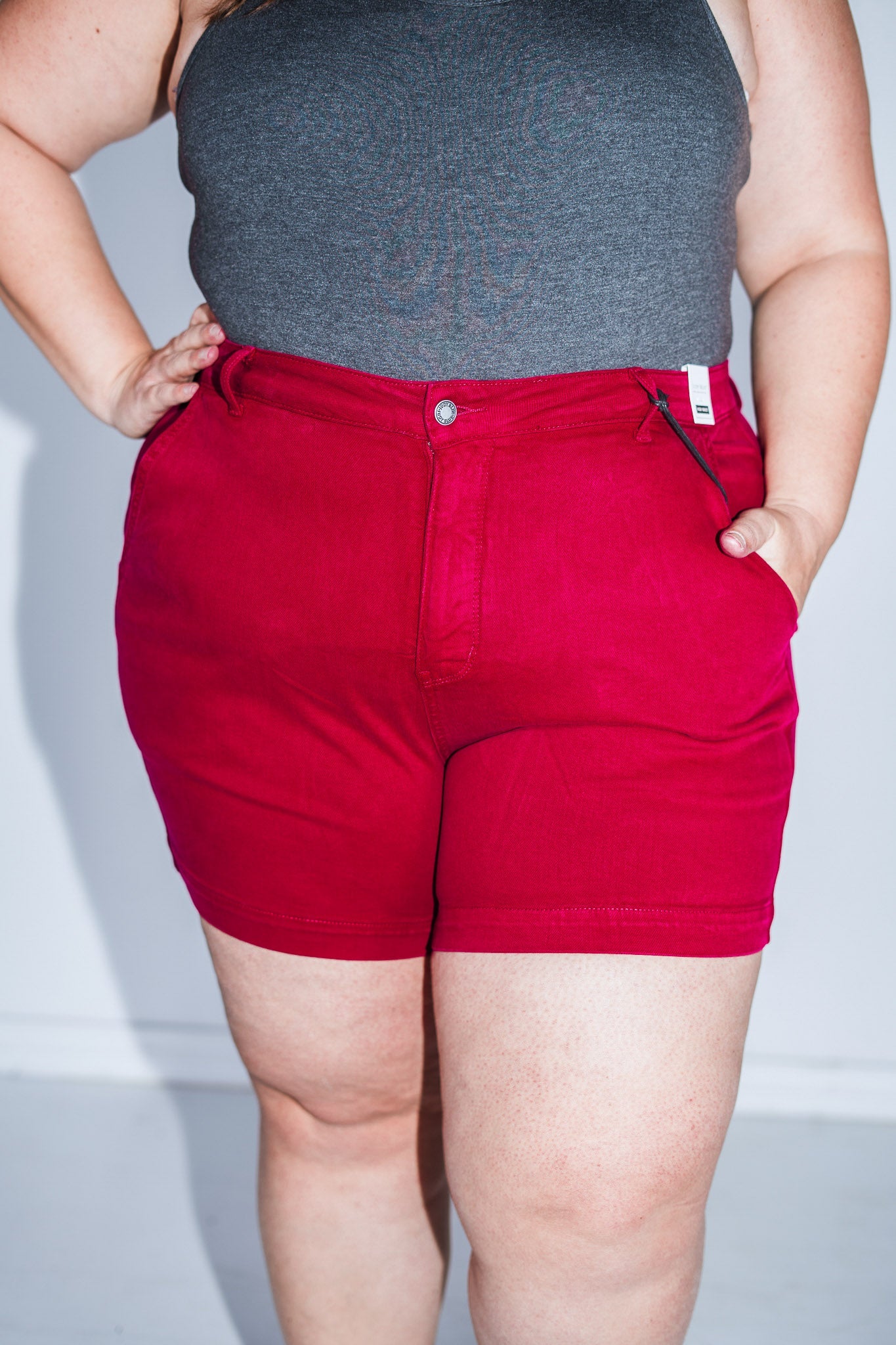 Judy Blue Tummy Control High Waisted Scarlet Shorts with Heart Shaped Pockets - Whiskey Skies - JUDY BLUE