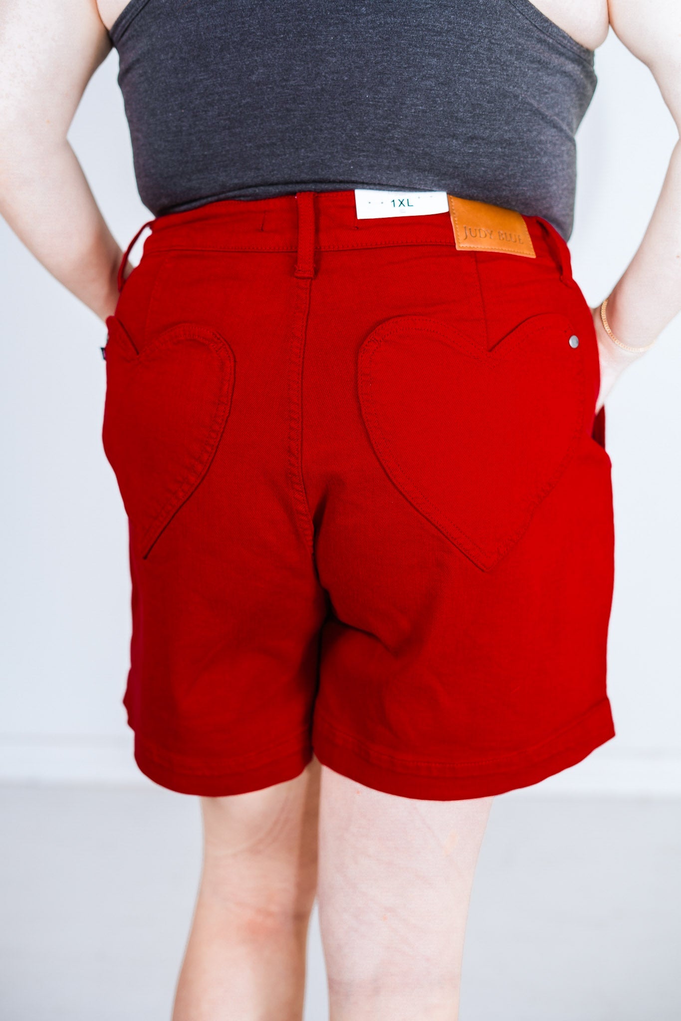 Judy Blue Tummy Control High Waisted Scarlet Shorts with Heart Shaped Pockets - Whiskey Skies - JUDY BLUE