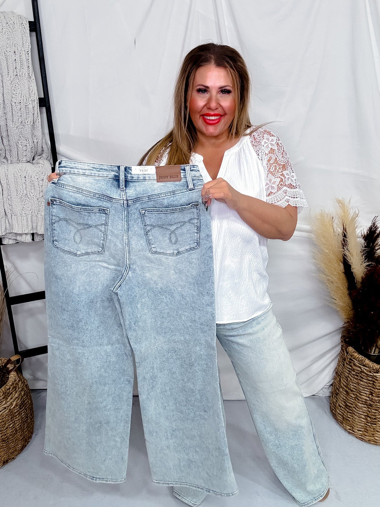 Judy Blue Tummy Control Retro Wide Leg Light Wash Jeans - Whiskey Skies - JUDY BLUE