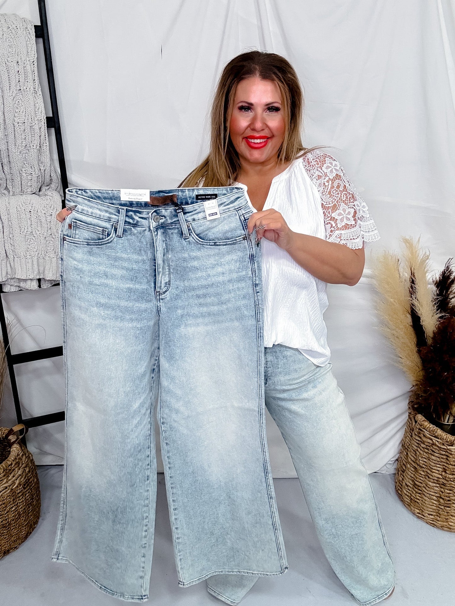 Judy Blue Tummy Control Retro Wide Leg Light Wash Jeans - Whiskey Skies - JUDY BLUE