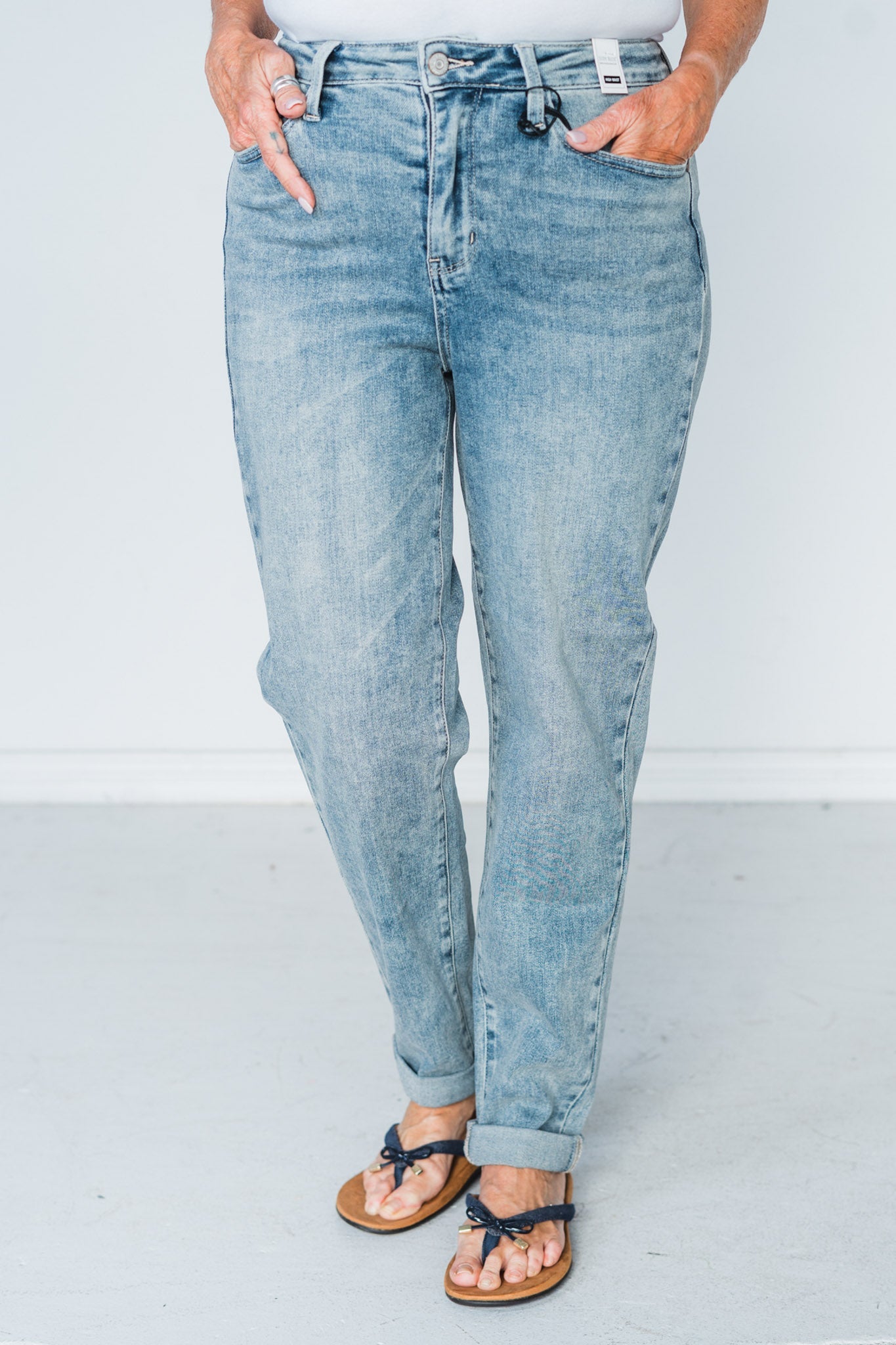 Judy Blue Vintage Wash Double Cuffed Boyfriend Jeans - Whiskey Skies - JUDY BLUE