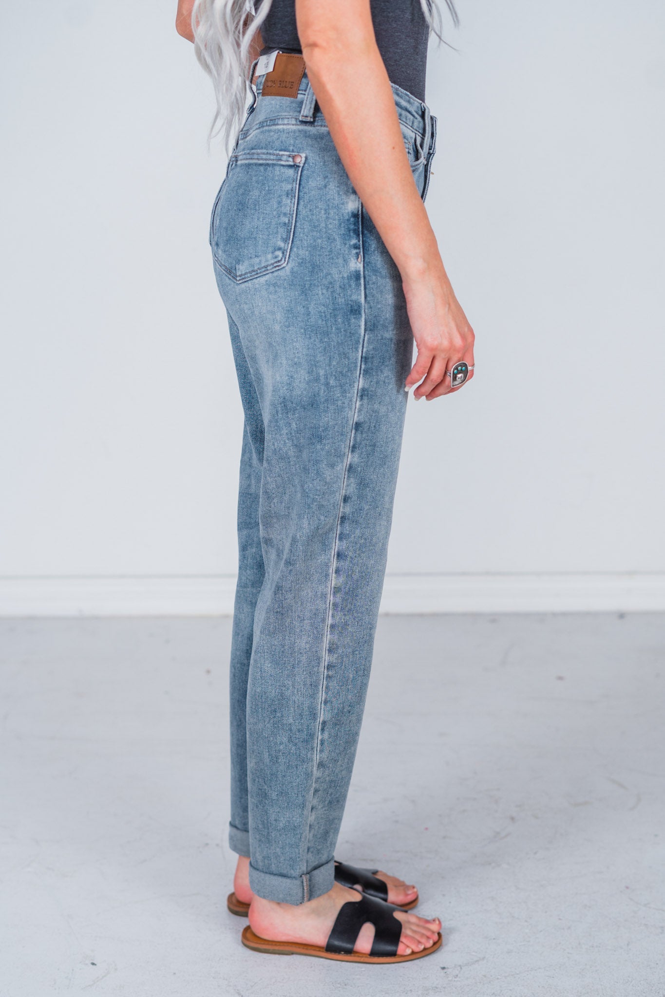 Judy Blue Vintage Wash Double Cuffed Boyfriend Jeans - Whiskey Skies - JUDY BLUE