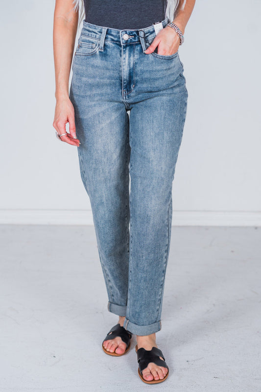 Judy Blue Vintage Wash Double Cuffed Boyfriend Jeans - Whiskey Skies - JUDY BLUE