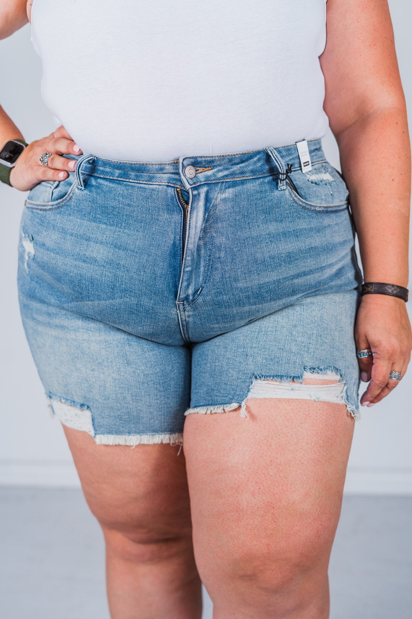 Judy Blue Vintage Wash Fly Stitch Distressed Denim Shorts - Whiskey Skies - JUDY BLUE