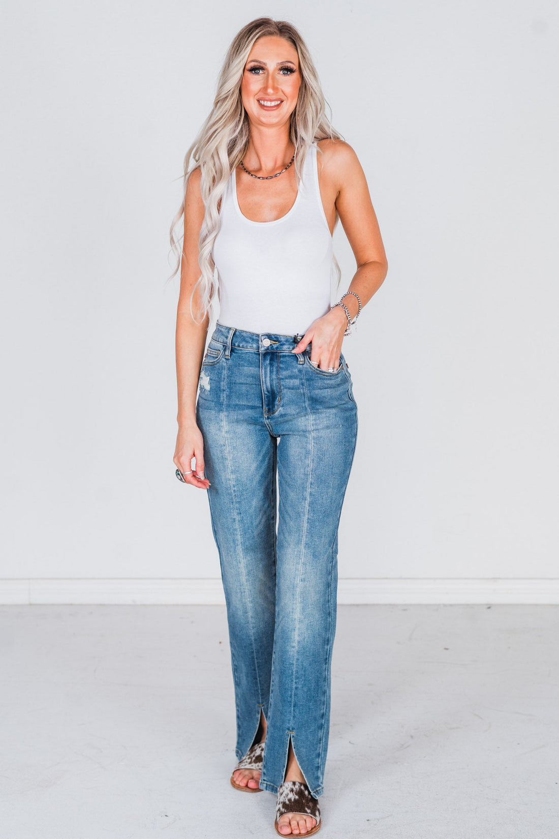 Judy Blue Vintage Wash Front Seam & Slit Straight Jeans - Whiskey Skies - JUDY BLUE