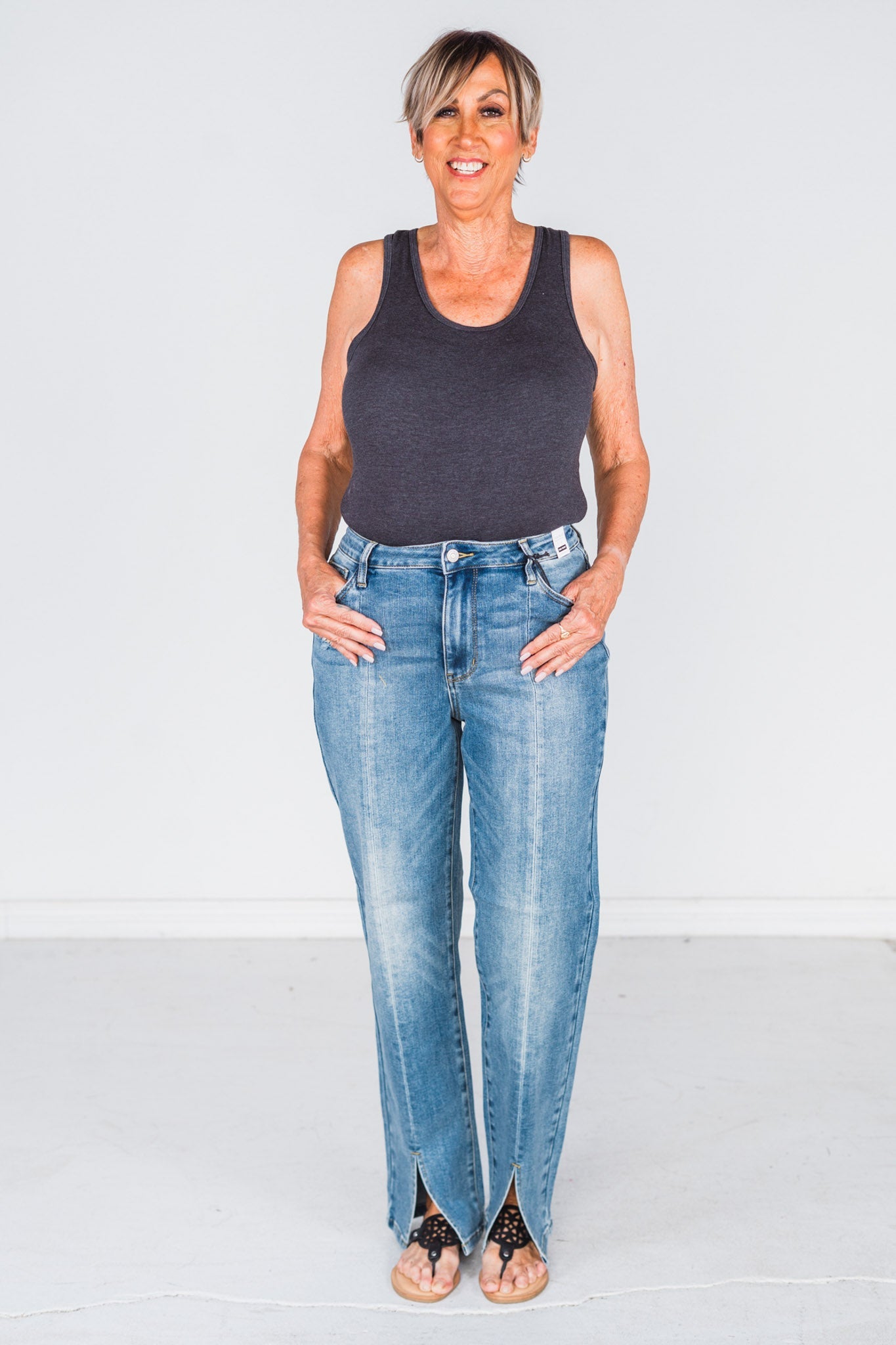 Judy Blue Vintage Wash Front Seam & Slit Straight Jeans - Whiskey Skies - JUDY BLUE