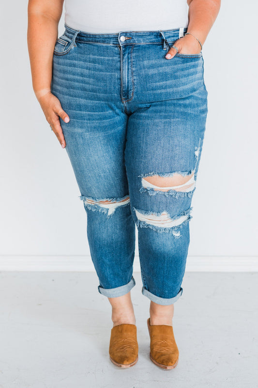 Judy Blue Vintage Wash Mid Rise Destroy Boyfriend Jeans - Whiskey Skies - JUDY BLUE