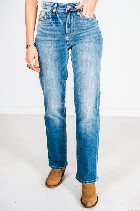 Judy Blue Vintage Wash Thermal Straight Jeans - Whiskey Skies - JUDY BLUE